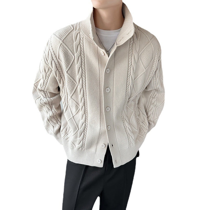 Herren Grobstrickpullover mit modernem Stehkragen und Knopfleiste R&B