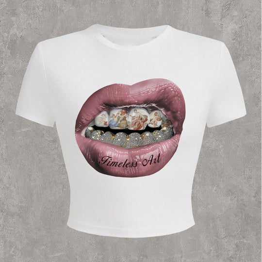 Damen Crop-T-Shirt mit kreativem Grafikdesign und einzigartigem Statement R&B