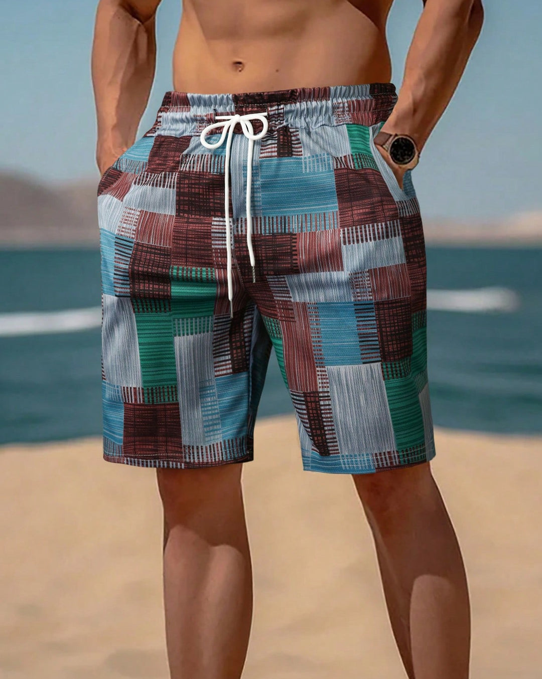 Herren stylische Bade-Shorts mit modernem Graphikmuster R&B