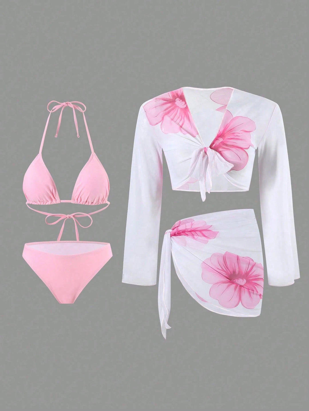 Damen Bikini-Set mit floralem Wickeltuch und langärmliger Oberteile R&B