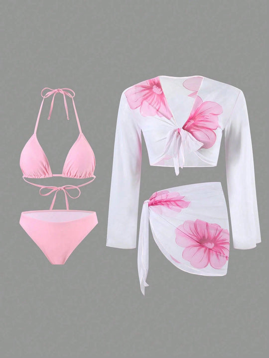 Damen Bikini-Set mit floralem Wickeltuch und langärmliger Oberteile R&B