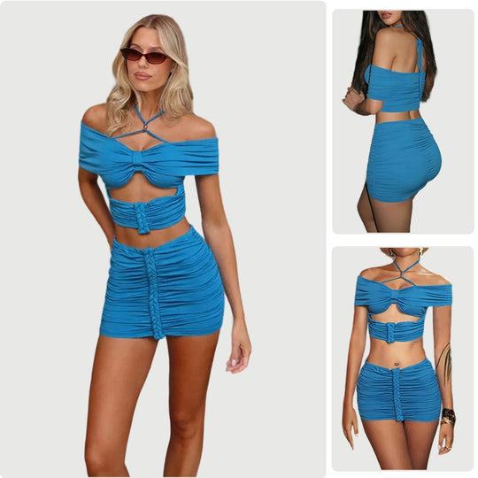 Damen Cropped Oberteil und Minirock Set mit Raffungen und schulterfreiem Design R&B