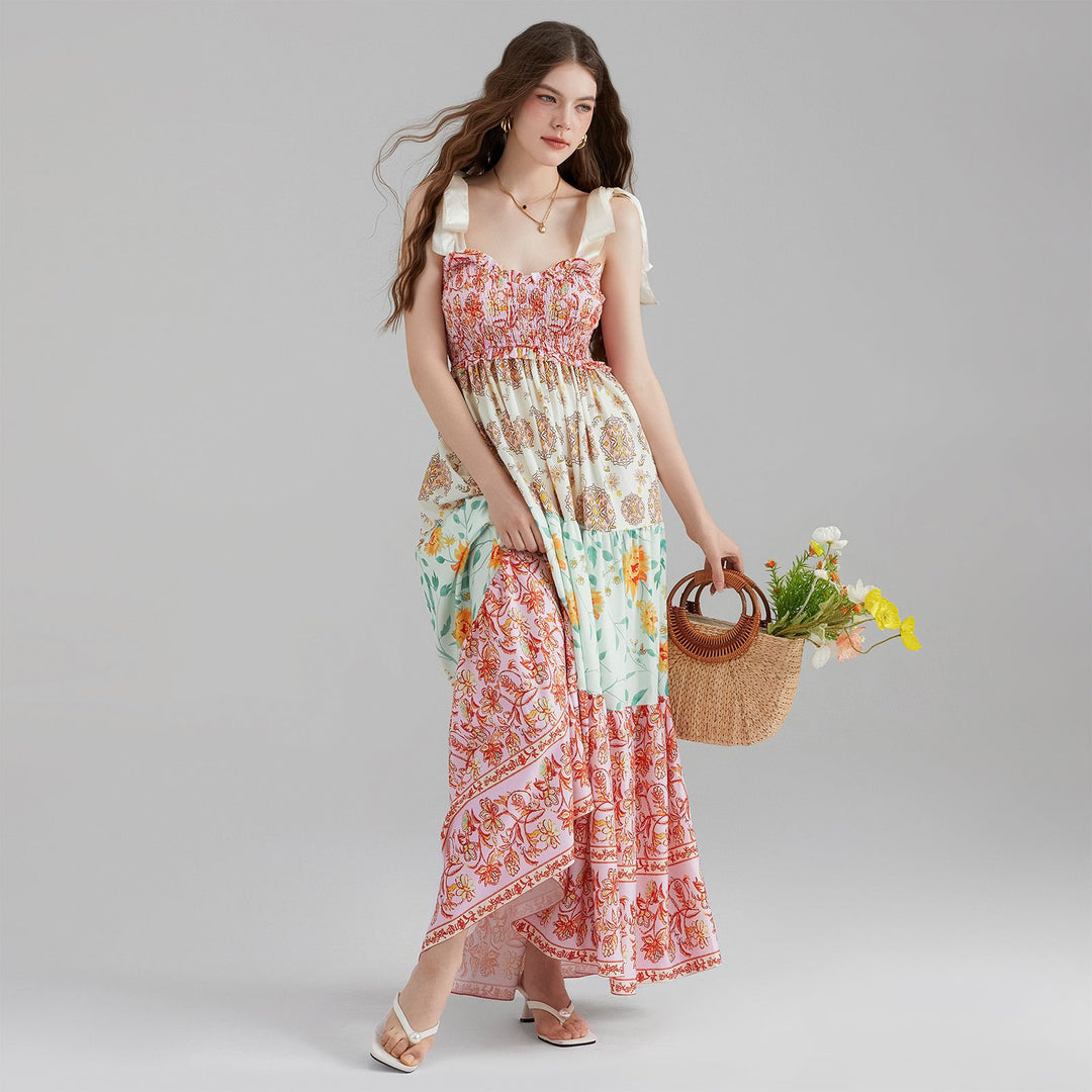 Damen Maxikleid mit floralen Falten und großzügigem A-Linien-Schnitt R&B