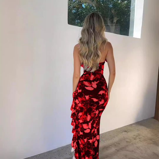 Damen Träger Maxikleid mit verspieltem Rüschen-Ausschnitt und floralem Design R&B