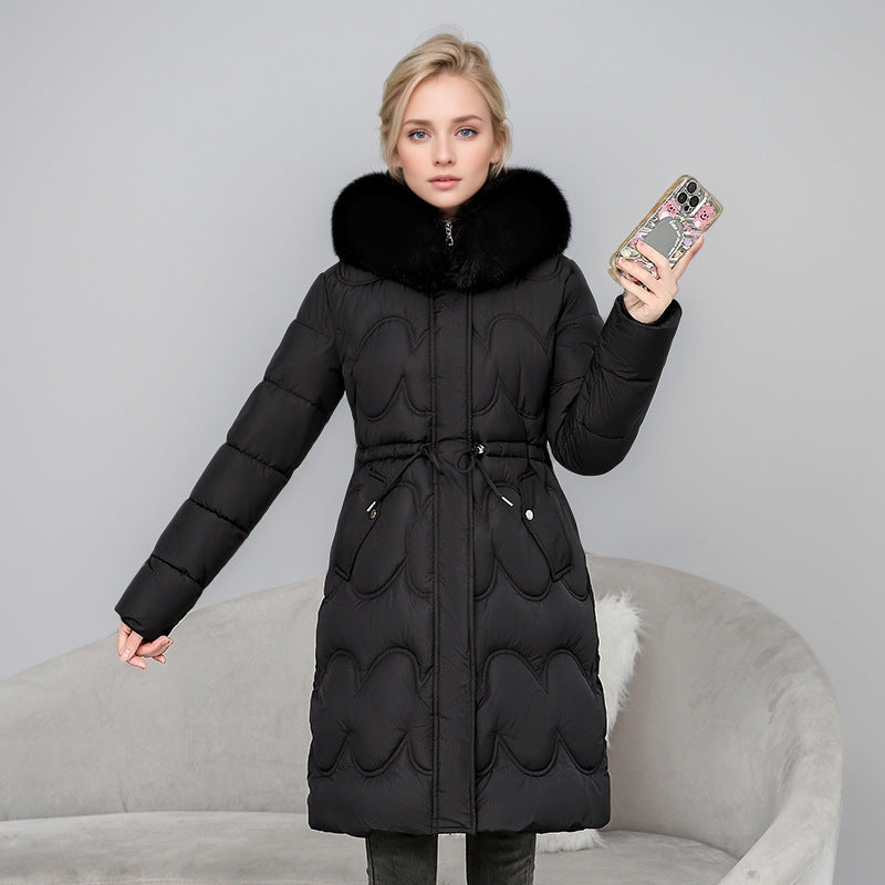 Damen modischer Puffer-Mantel mit abnehmbarem Kunstfellkragen und taillierbarem Gummizug