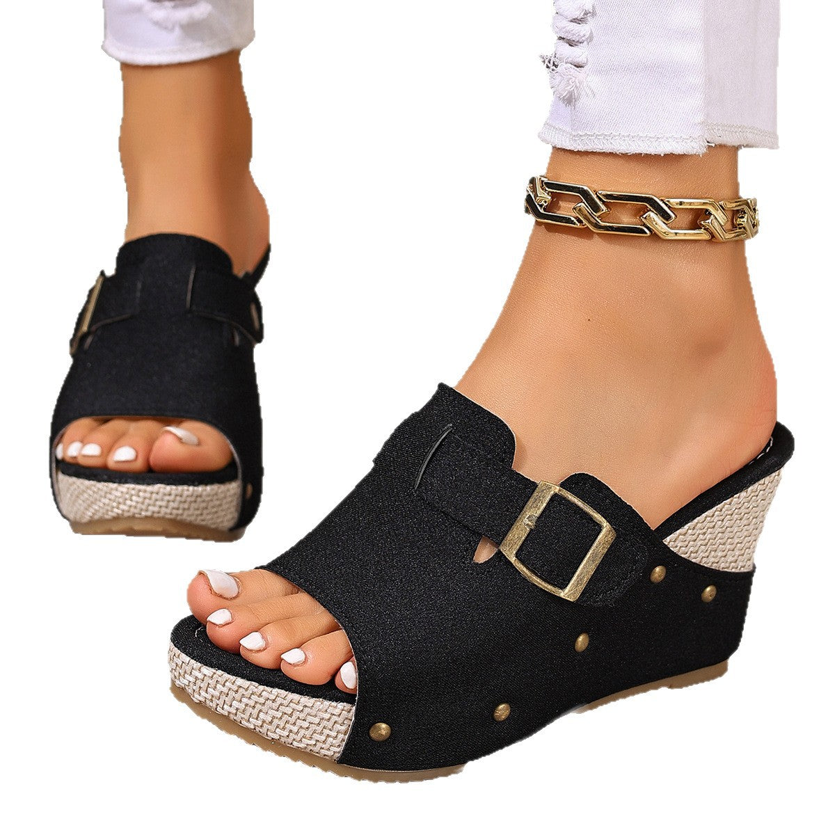 Damen Wedge-Pantoletten mit modischem Schnallen-Design und hochwertigem Obermaterial R&B