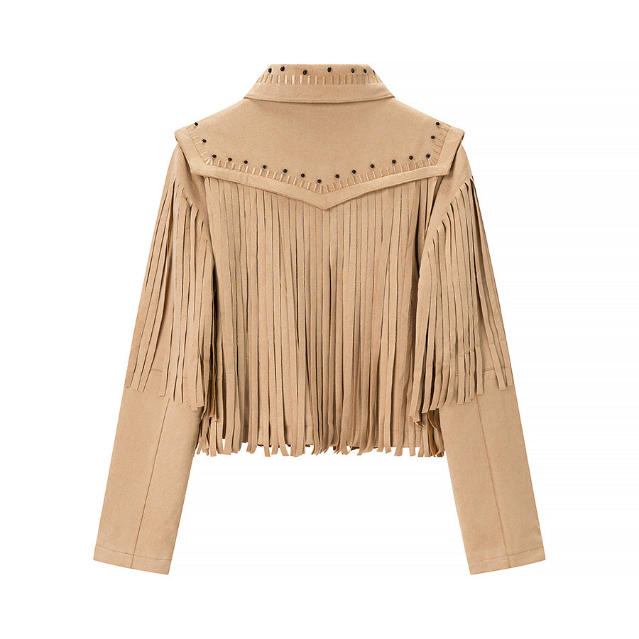 Damen Fransenjacke aus Wildlederimitat mit Zipper und stilvollen Applikationen R&B