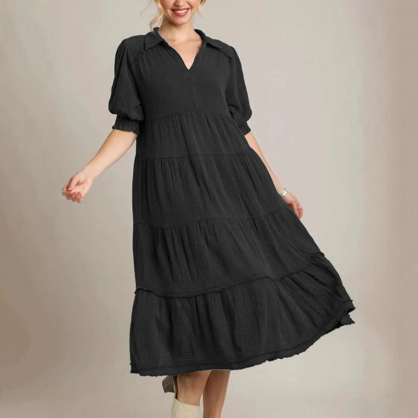 Damen lässiges Maxikleid mit V-Ausschnitt und volumetrischen Ärmeln R&B