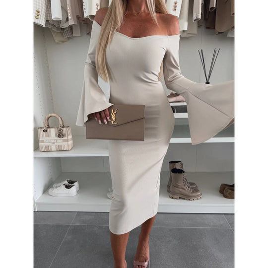 Damen Off-Shoulder Midi Kleid mit weit ausgestellten Ärmeln R&B