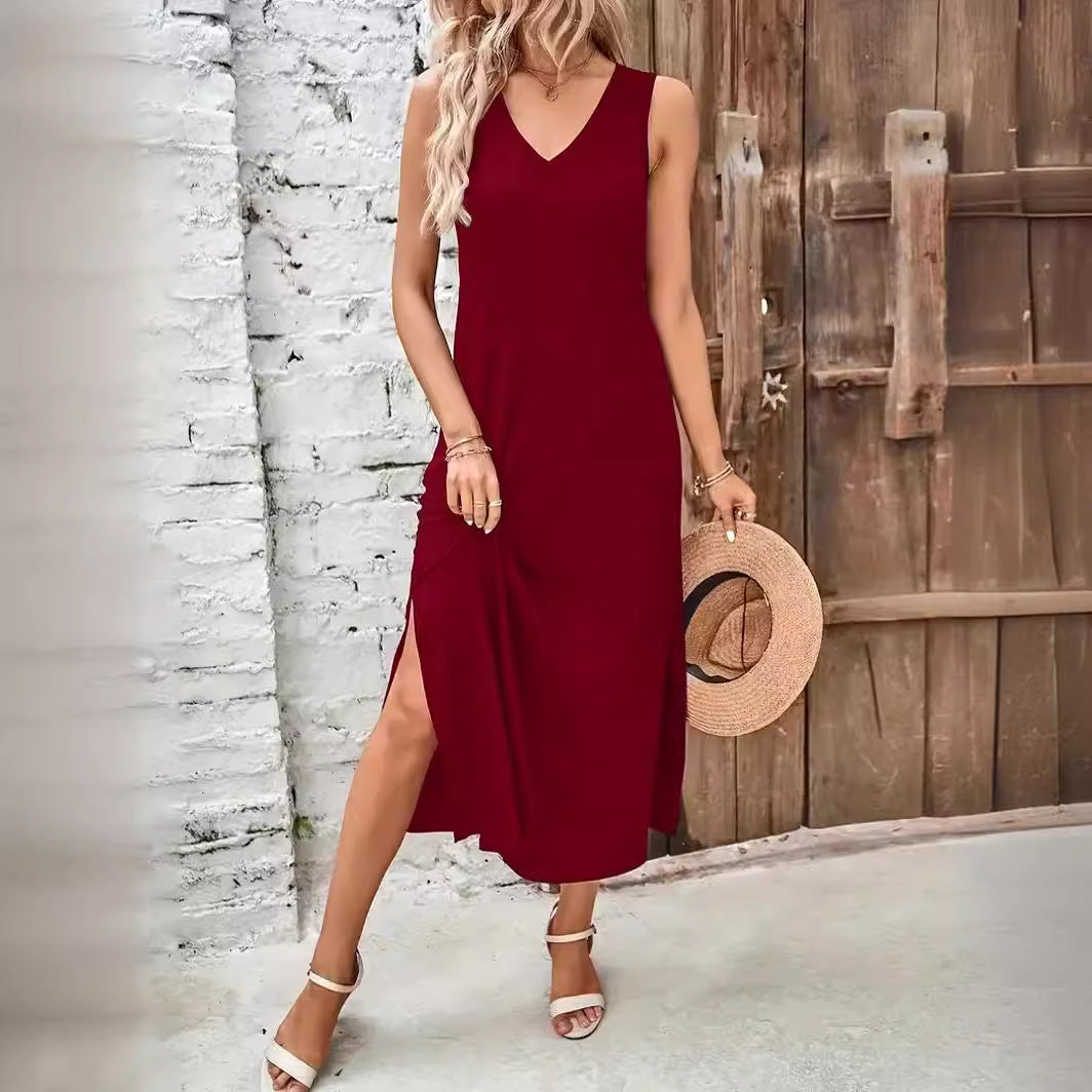 Damen Maxikleid mit V-Ausschnitt und seitlichem Schlitz R&B
