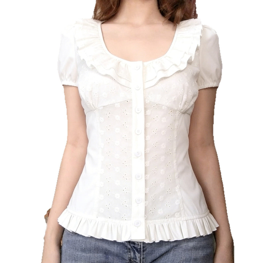 Damen Bluse mit verspieltem Rüschensaum und floralem Stickdesign R&B