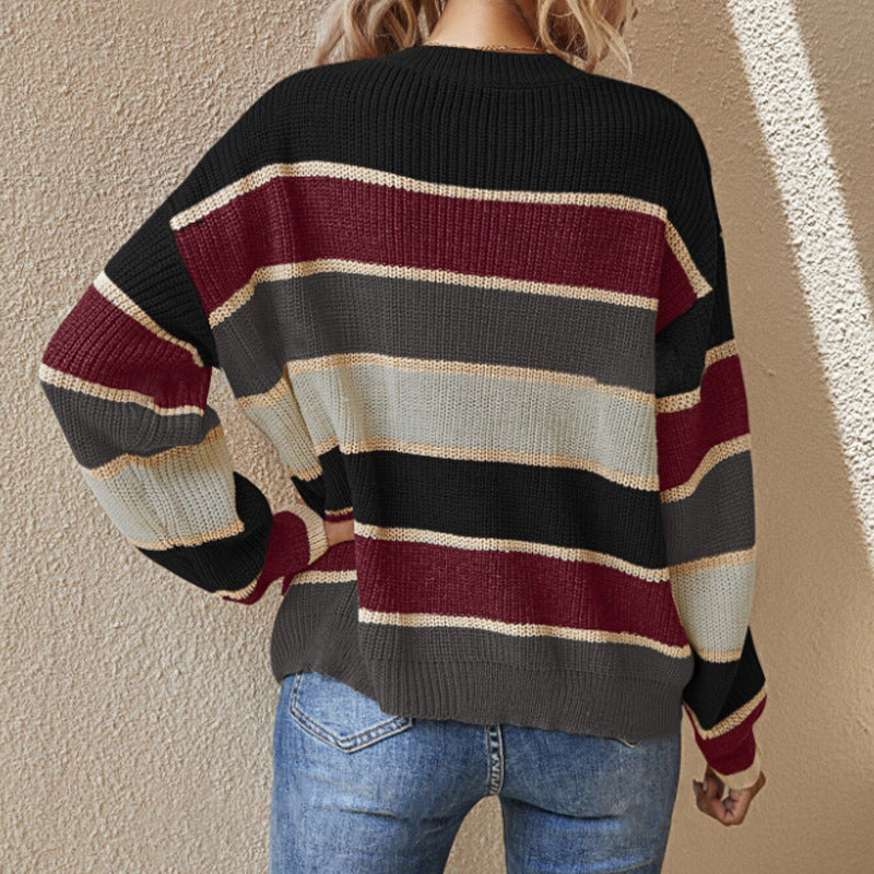 Damen lässiger Grobstrickpullover mit Farbblockmuster und weitem Schnitt R&B