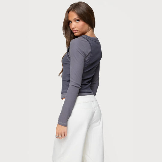 Damen Langarm-Crop-Top mit modischem Farbkontrast und nahtloser Verarbeitung R&B
