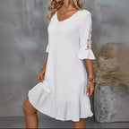 Damen Kurzarm Kleid mit voluminösem Saum und Spitzenärmeln R&B