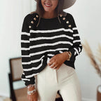 Damen Strickpullover mit stilvollem Streifenmuster und Goldknöpfen R&B