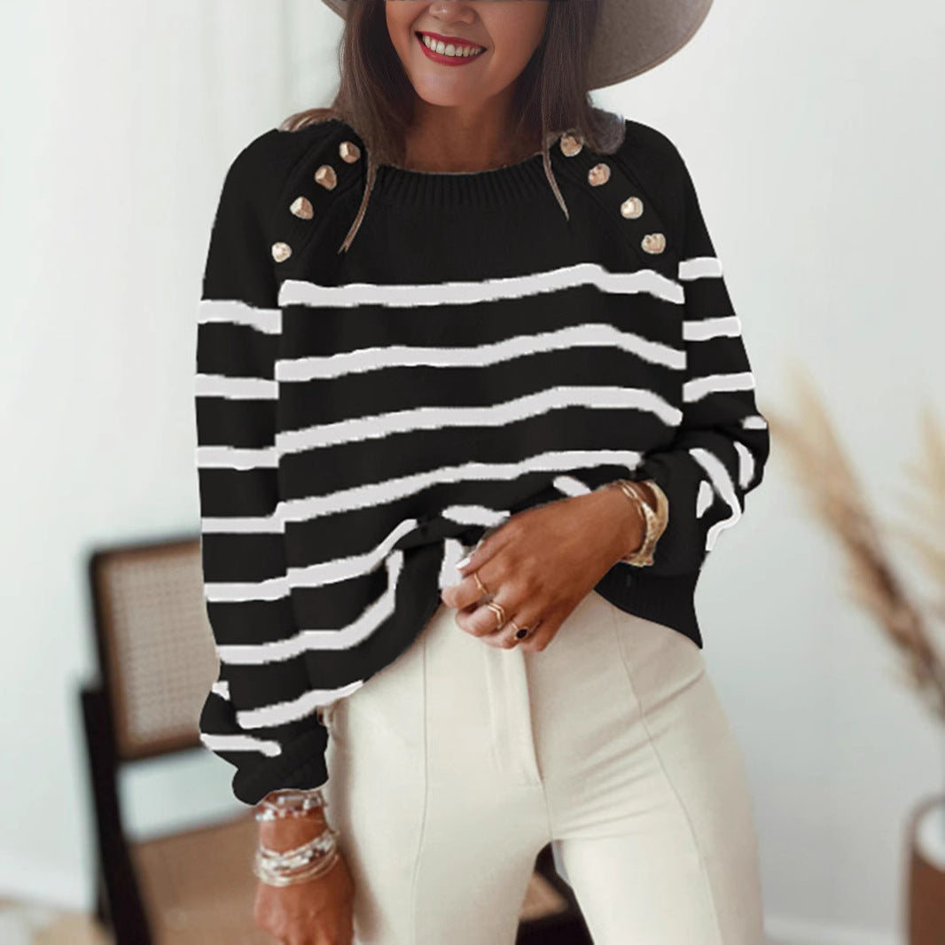 Damen Strickpullover mit stilvollem Streifenmuster und Goldknöpfen R&B