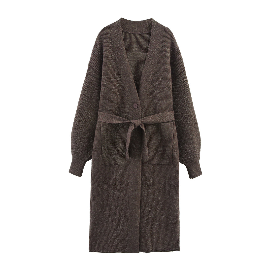 Damen Lange Strickjacke mit Gürtel und Taschen R&B