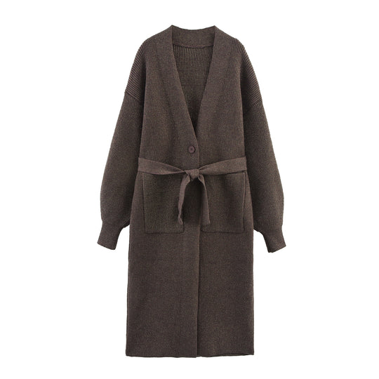 Damen Lange Strickjacke mit Gürtel und Taschen R&B