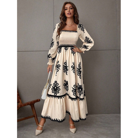 Damen Maxikleid mit Puffärmeln und elegantem Stickmuster R&B