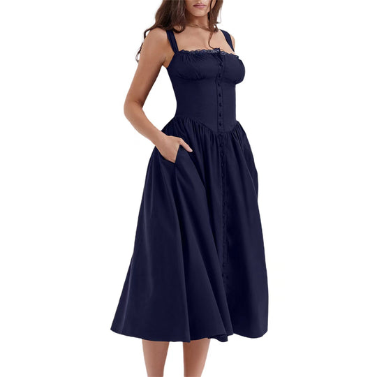 Damen Maxi-Kleid mit knöpfbarem Oberteil und schwingendem Rock R&B