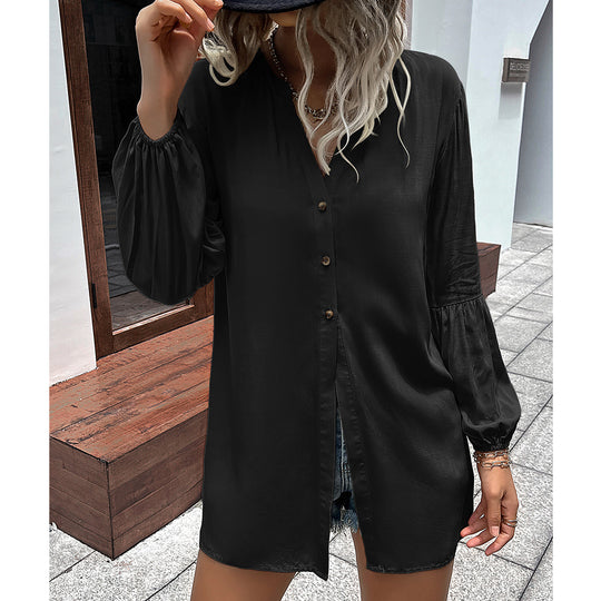 Damen lässige Bluse mit V-Ausschnitt und Ballonärmeln R&B