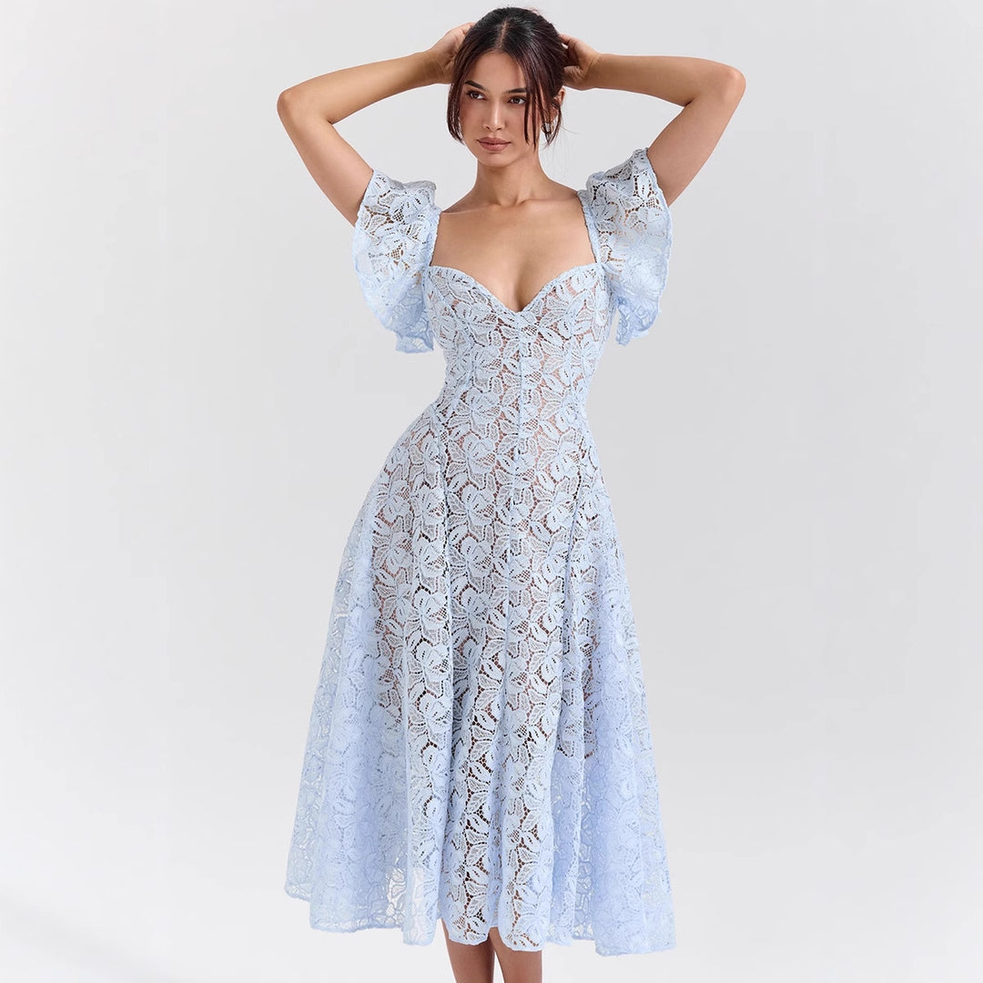 Damen Spitzenkleid mit voluminösen Rüschärmeln und ausgestelltem Rock R&B