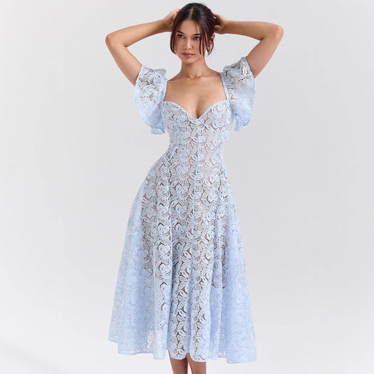 Damen Spitzenkleid mit voluminösen Rüschärmeln und ausgestelltem Rock R&B