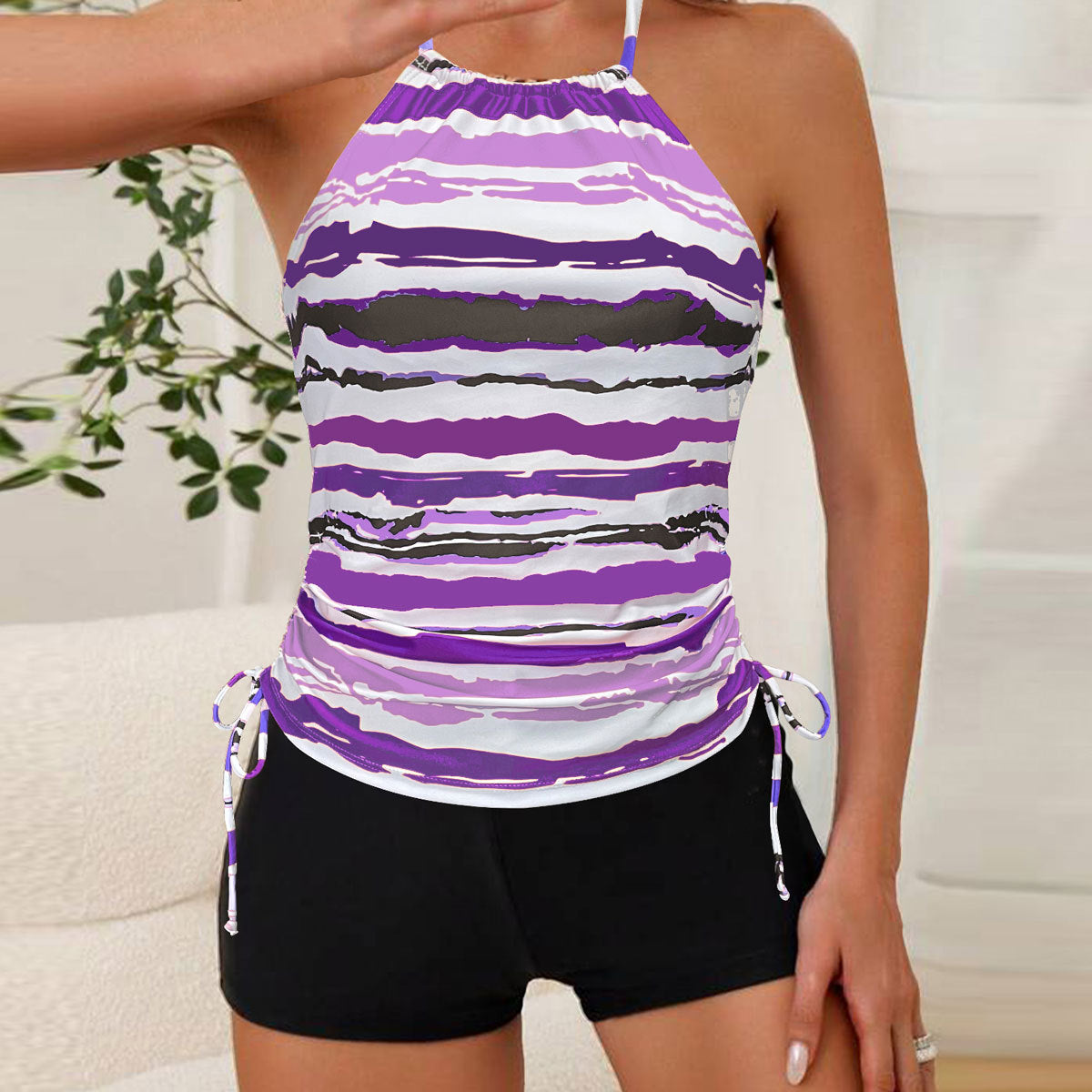 Damen Tankini-Oberteil mit verstellbaren Riemen und raffiniertem Wickeldetail R&B
