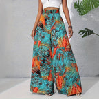 Damen Palazzohose mit tropischem Blattmuster und elastischem Bund R&B