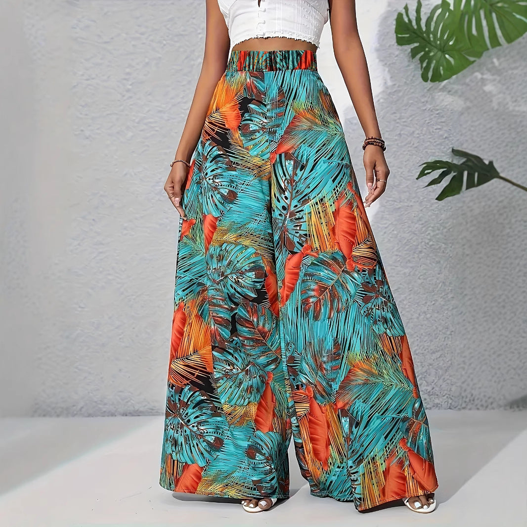Damen Palazzohose mit tropischem Blattmuster und elastischem Bund R&B
