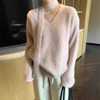 Damen Grobstrickpullover mit tiefem V-Ausschnitt und schicker Banddetails R&B
