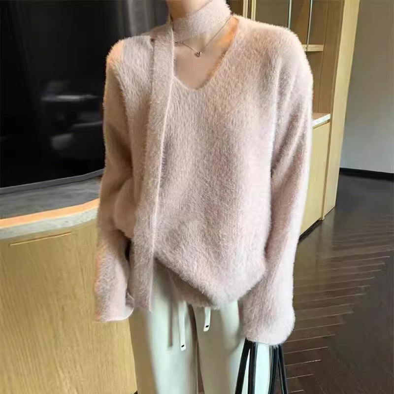 Damen Grobstrickpullover mit tiefem V-Ausschnitt und schicker Banddetails R&B