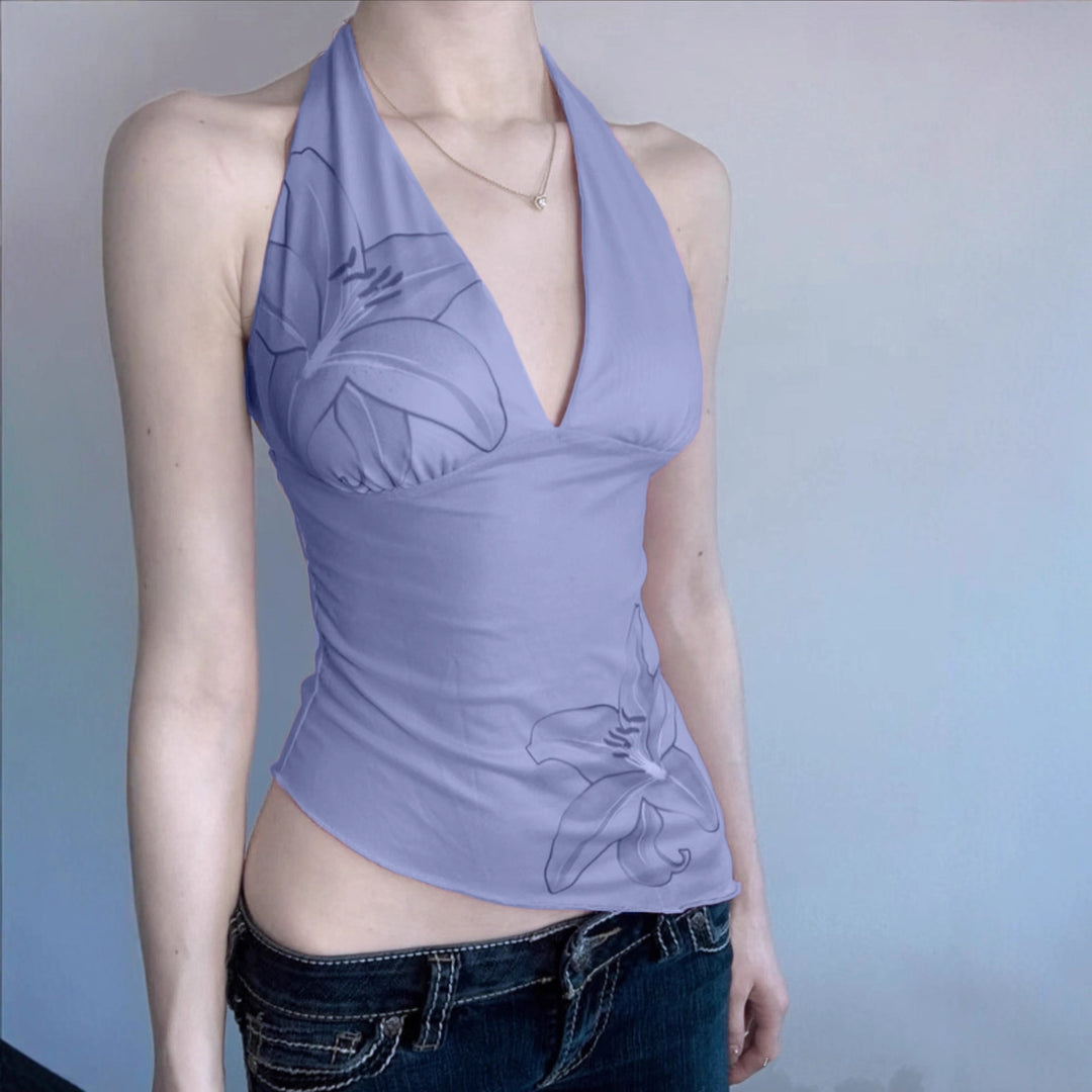 Damen Oberteil im Halterneck-Design mit floralem Druck und asymmetrischem Schnitt R&B