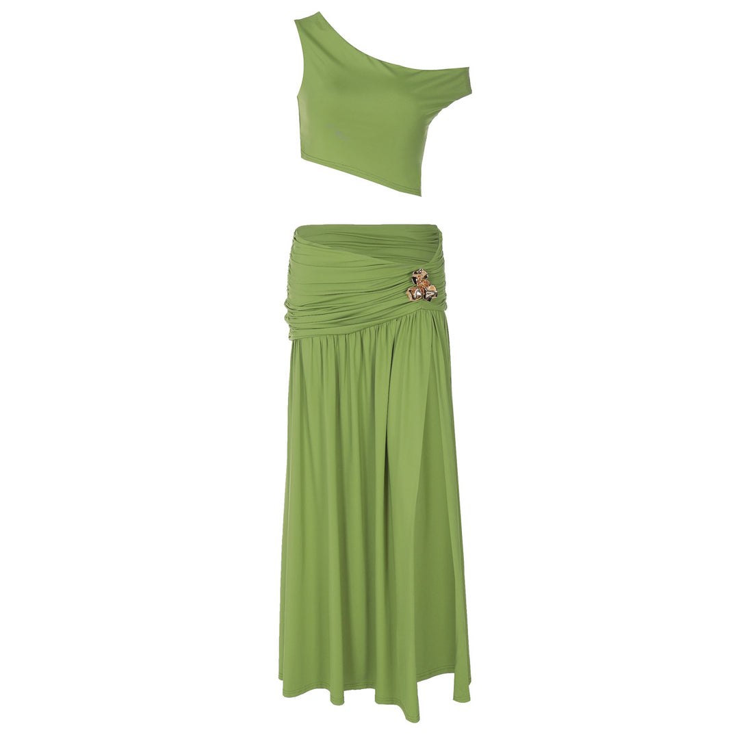 Damen Elegantes Off-Shoulder Maxikleid mit seitlichem Schlitz und raffiniertem Bund R&B
