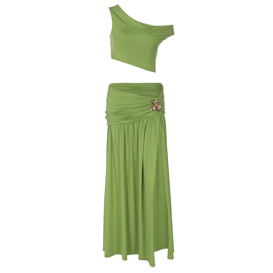 Damen Elegantes Off-Shoulder Maxikleid mit seitlichem Schlitz und raffiniertem Bund R&B