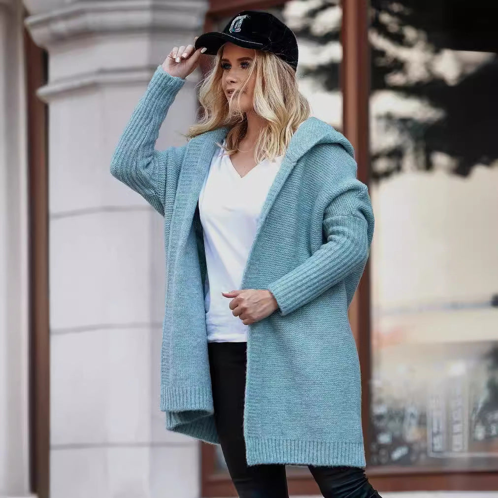 Damen lässiger Strickcardigan mit Kapuze und weiten Ärmeln R&B