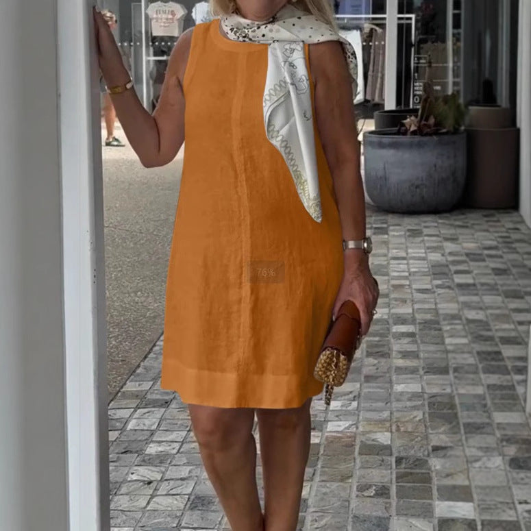 Damen Sommerkleid aus leichtem Leinenstoff mit modischem Halstuch R&B