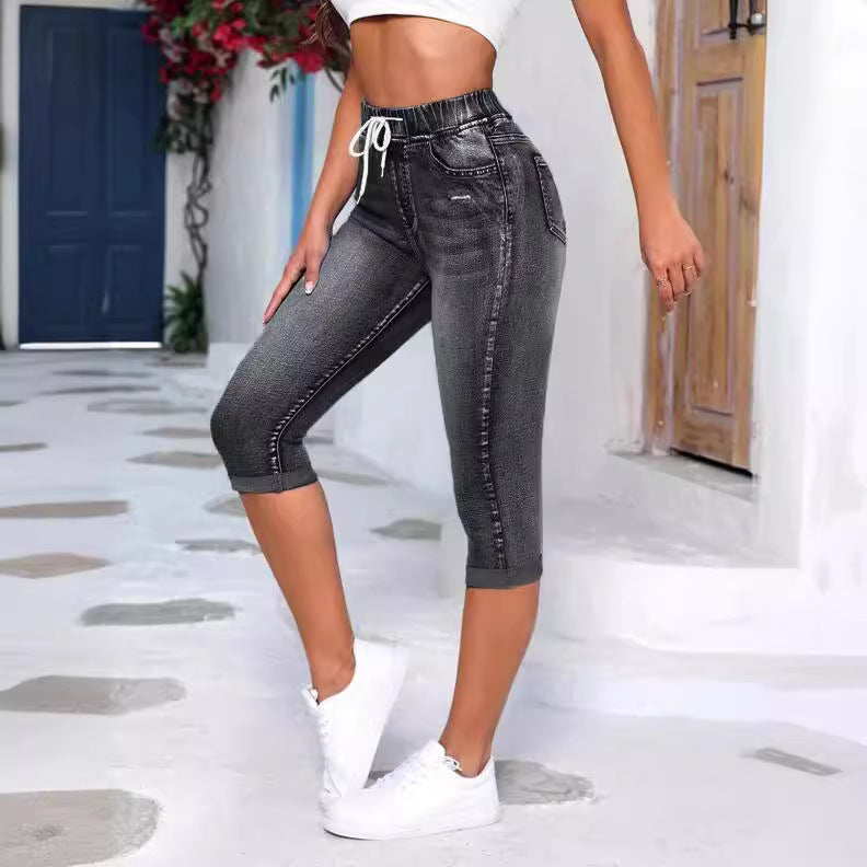 Damen lässige 3/4 Jeansleggings mit elastischem Bund und praktischen Taschen R&B