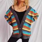 Damen Strickjacke mit buntem Streifenmuster und knöpfbarem Design R&B