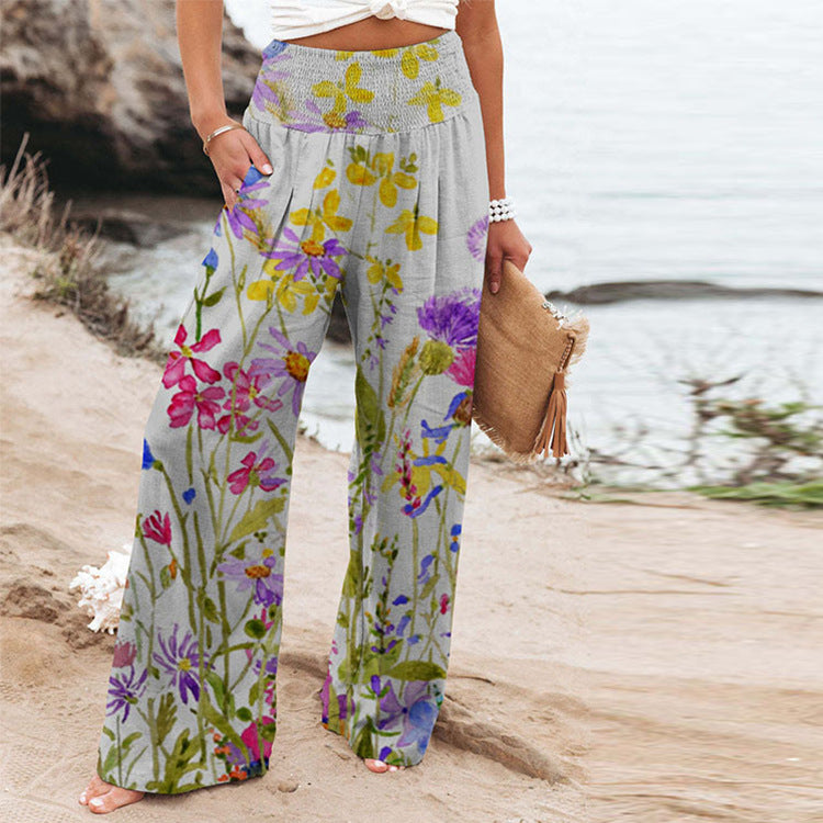 Damen weite Floral-Hose mit elastischem Bund und seitlichen Taschen R&B