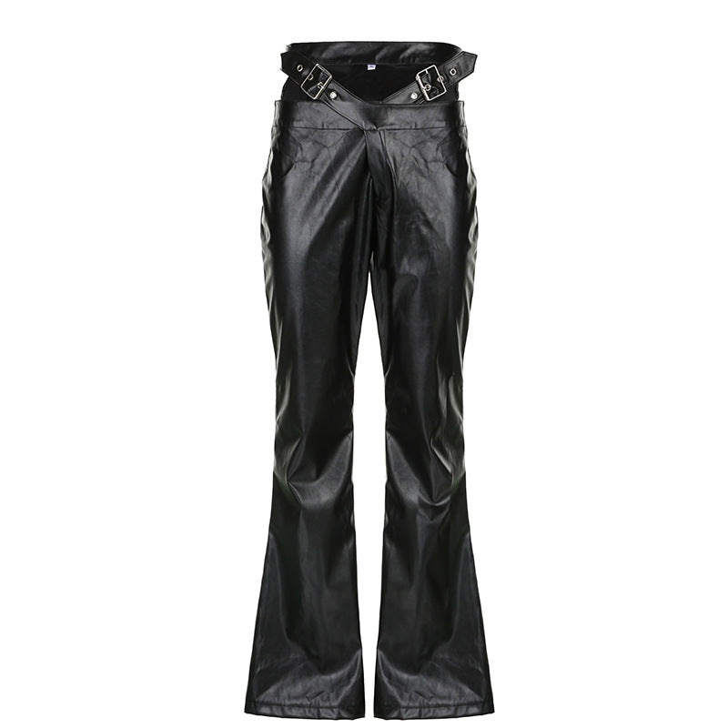 Damen Modische Kunstleder Flared Hose mit verstellbarem Bund R&B