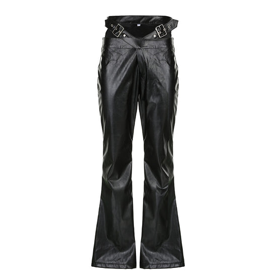 Damen Modische Kunstleder Flared Hose mit verstellbarem Bund R&B