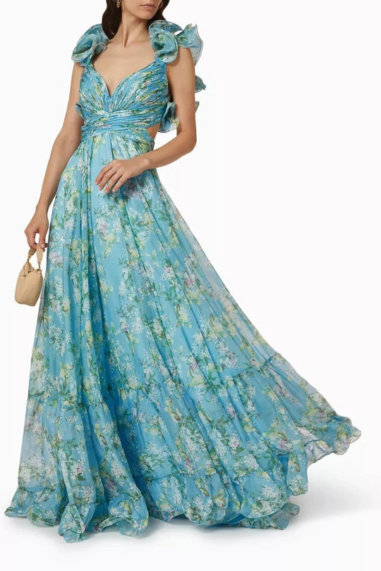 Damen Maxi-Kleid mit floralen Rüschen und schwingendem Design R&B