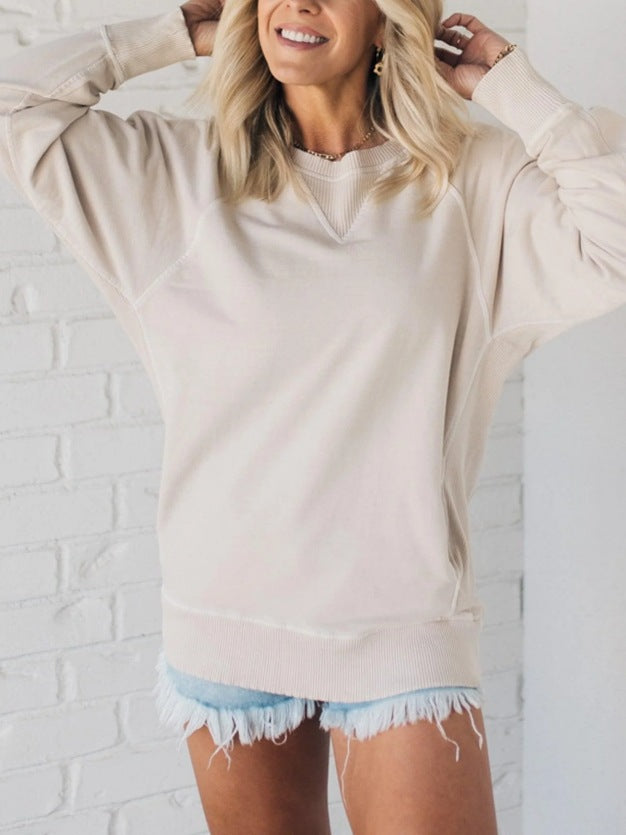 Damen lässiger V-Ausschnitt Sweatshirt mit Raglanärmeln und seitlichen Taschen R&B
