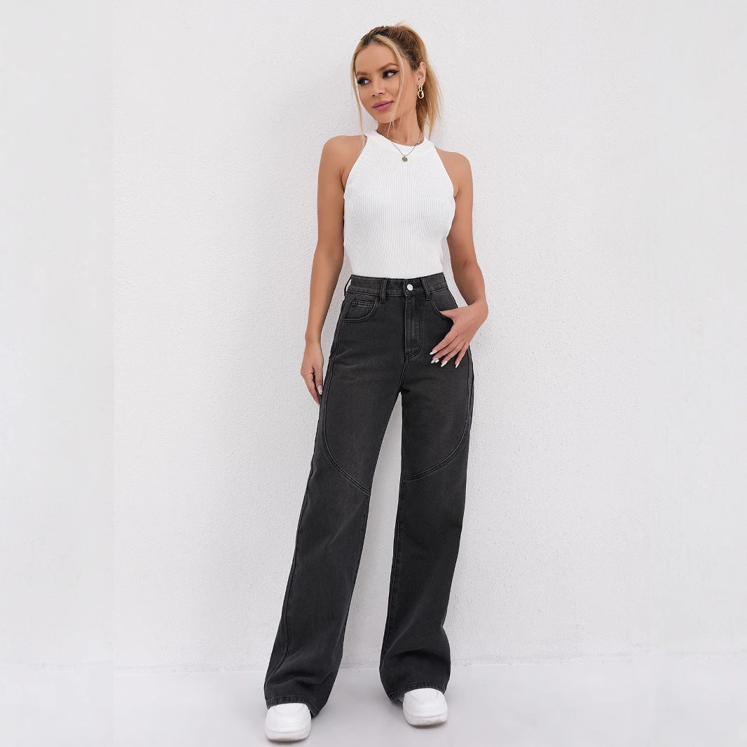 Damen Weite High-Waist Jeans mit modischem Schnitt und außergewöhnlichen Nähten R&B