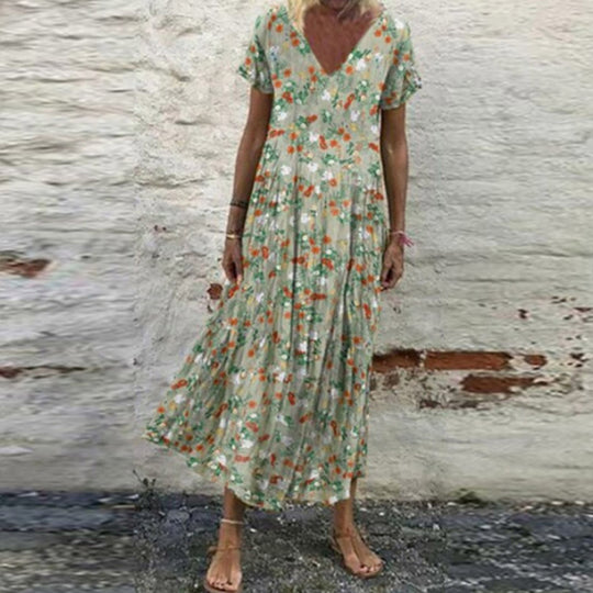 Damen nan V-Ausschnitt-Maxikleid mit feinem Faltenrock, Empire-Passe und Kurzarm R&B