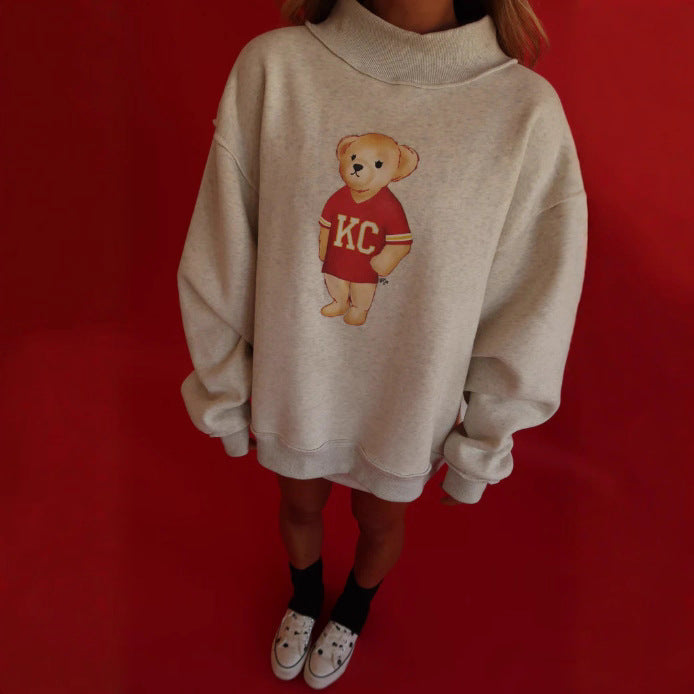 Damen nan weit geschnittener Sweatpullover mit Teddybär-Print und Stehkragen R&B