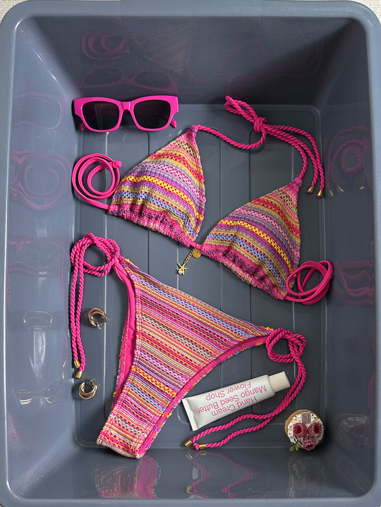 Damen Geflochtener Triangel-Bikini mit buntem Häkelmuster R&B