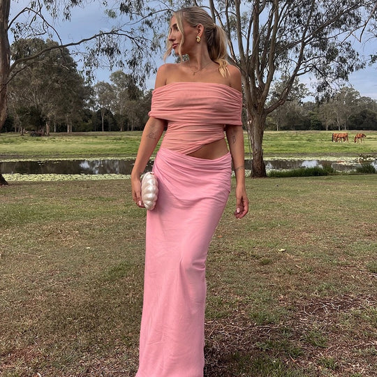 Damen Maxi-Kleid mit transparenten Elementen und Wickel-Detail R&B
