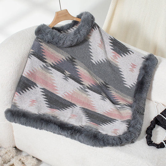 Damen Kuschelpullover mit hochwertigem Kunstfellbesatz und geometrischem Muster R&B